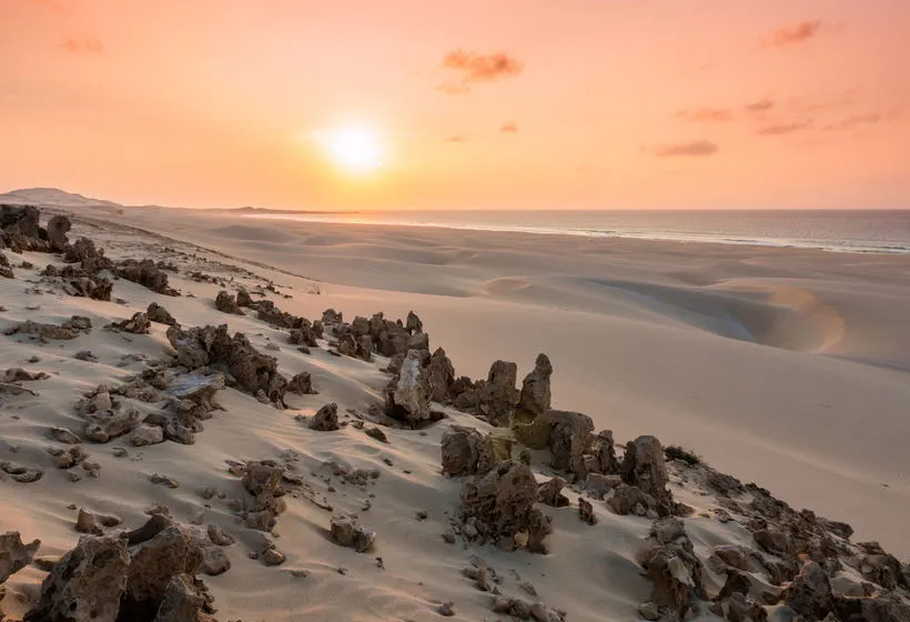 Dunes et rochers noirs sous un coucher de soleil orangé